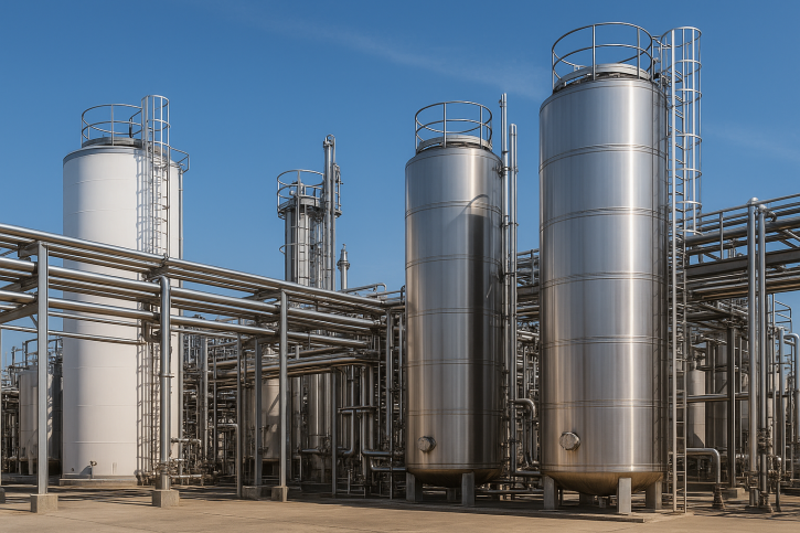 Industrial biodiesel plant with large stainless steel storage tanks, distillation columns, and pipelines under daylight