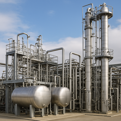 Biodiesel purification and glycerine distillation facility with stainless steel tanks and columns under daylight