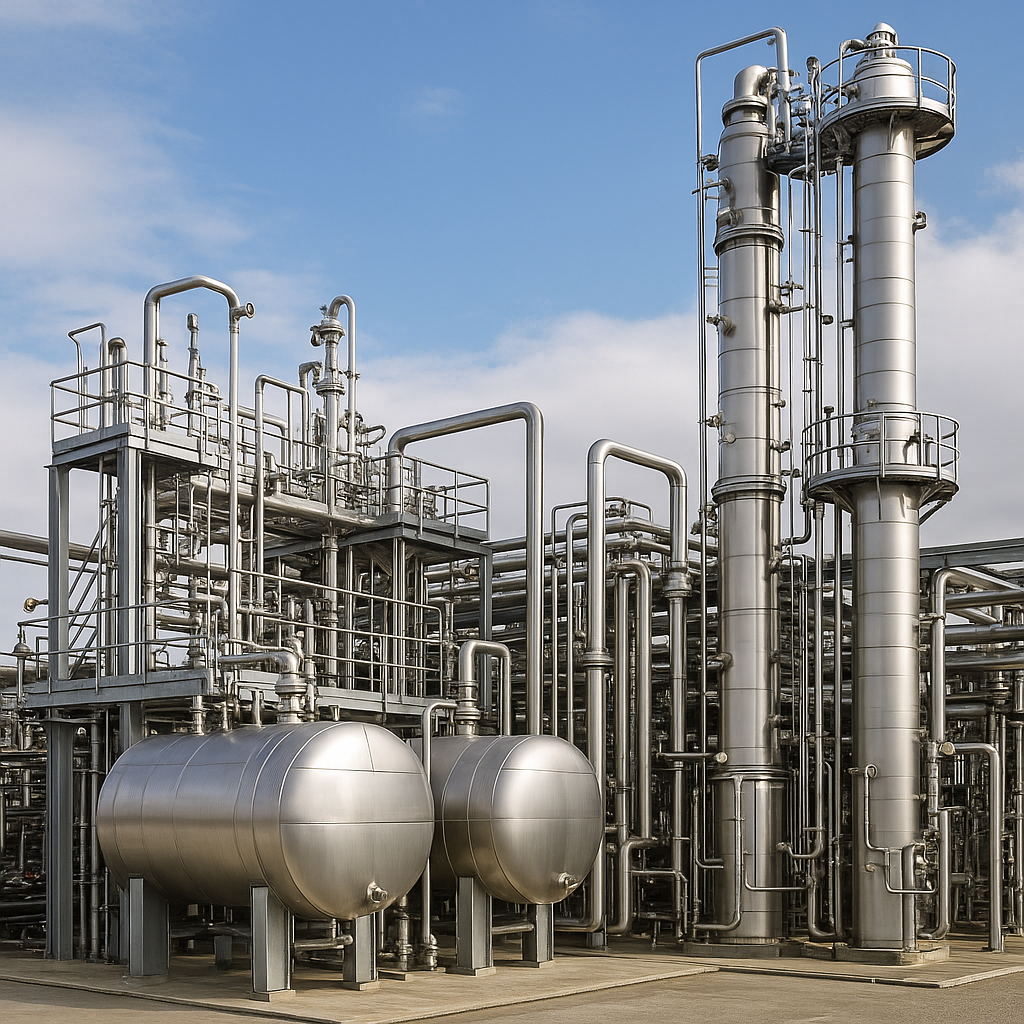 Biodiesel purification and glycerine distillation facility with stainless steel tanks and columns under daylight