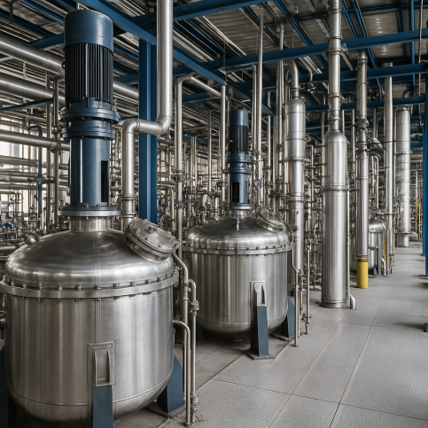 Biodiesel transesterification reactors and stainless steel vessels inside a modern industrial plant