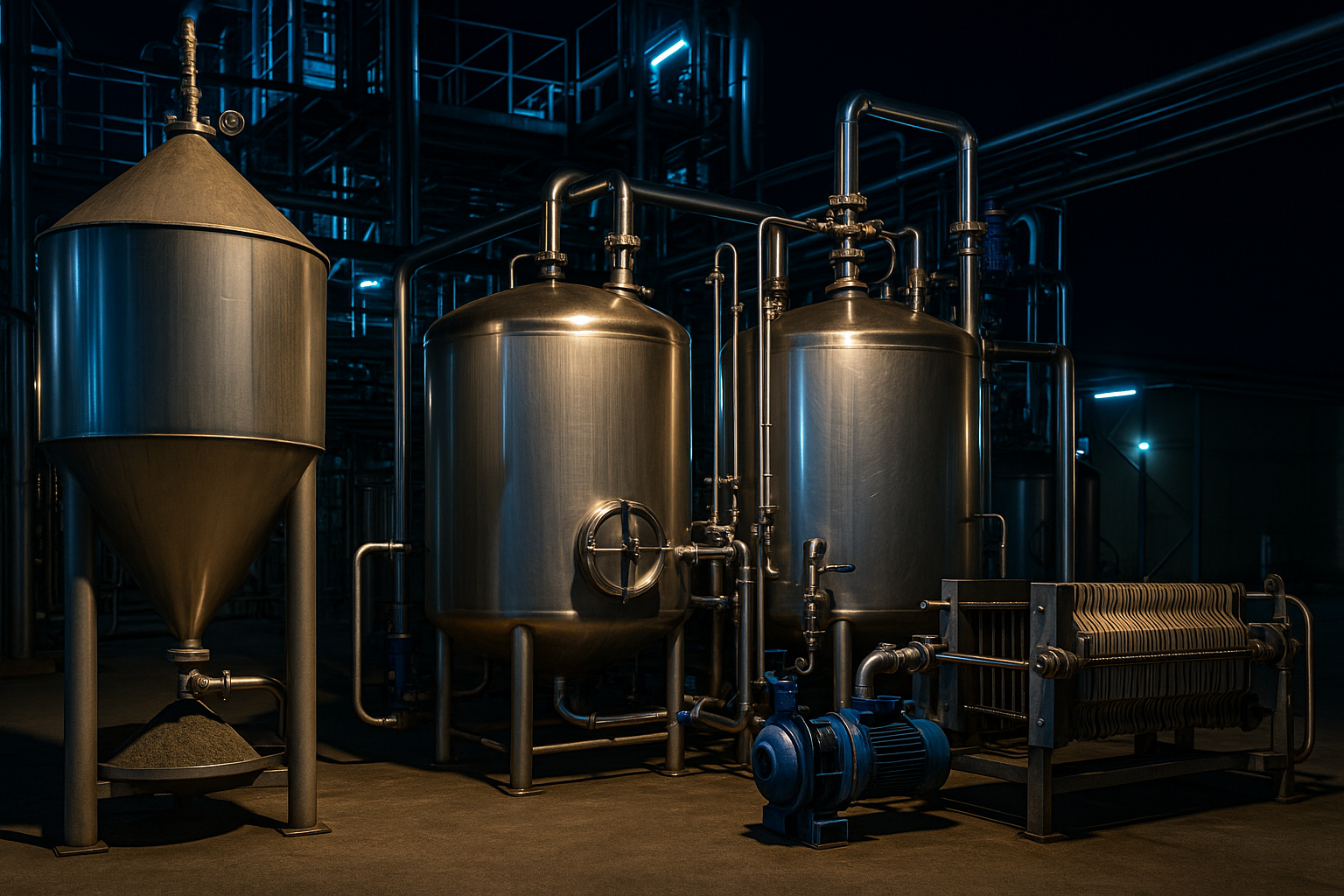 Night-time edible oil bleaching facility with illuminated stainless steel tanks and filtration systems