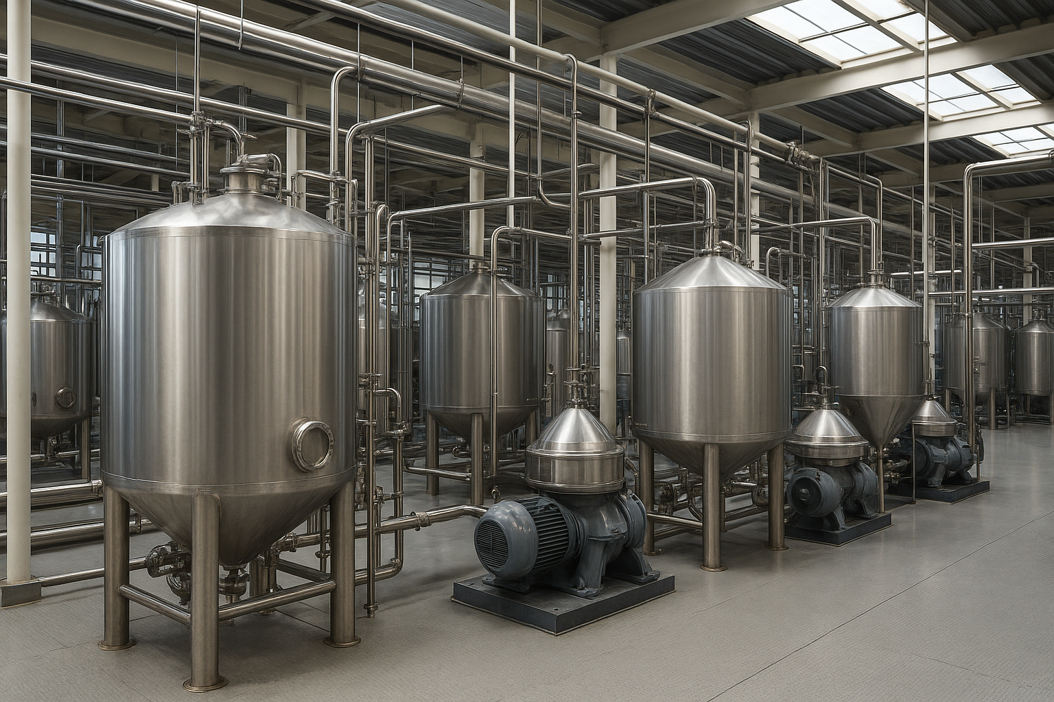 Industrial edible oil degumming plant with stainless steel tanks, centrifuges, and pipelines under daylight