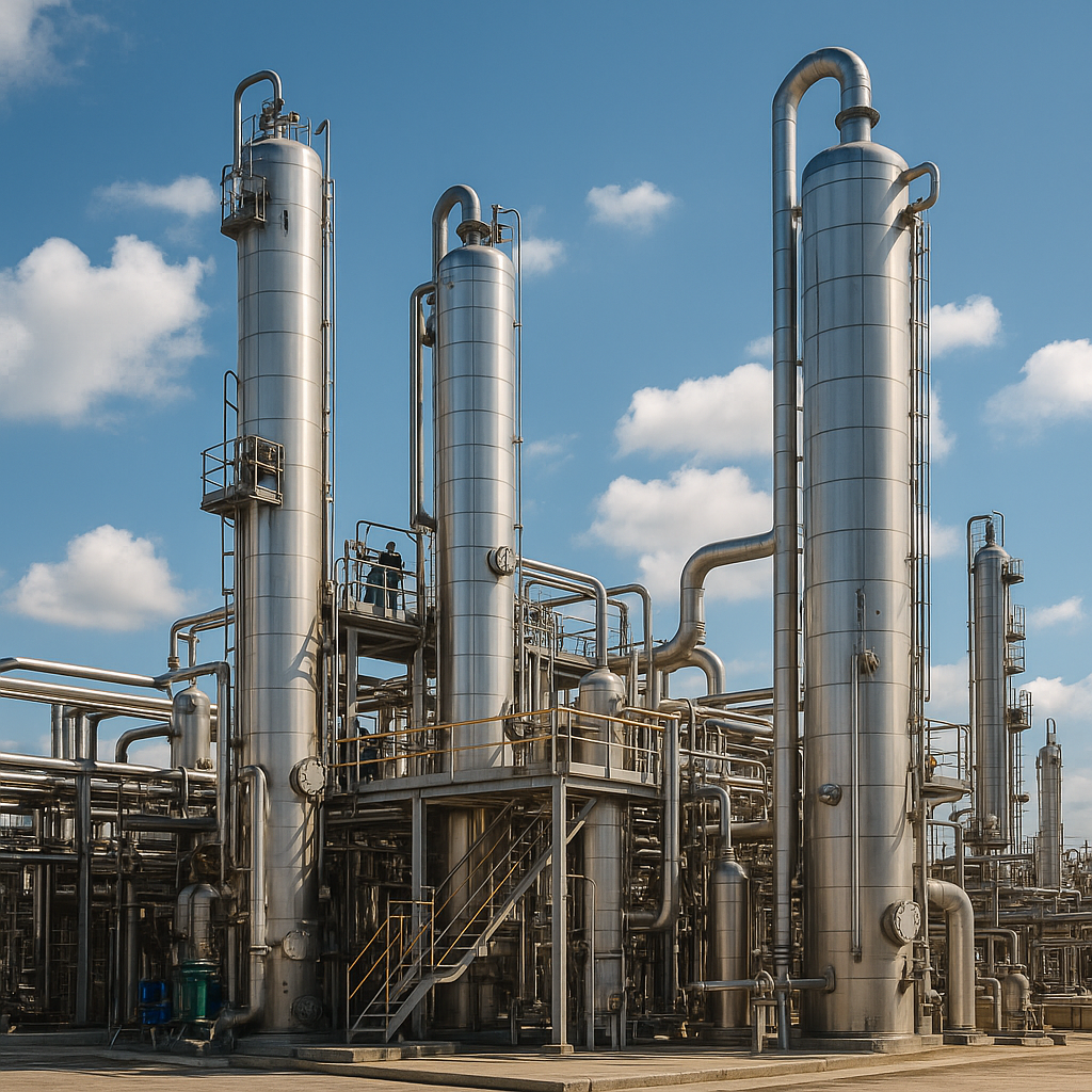 Modern oleochemical industry plant with distillation columns, storage tanks and advanced processing units for oils and fats
