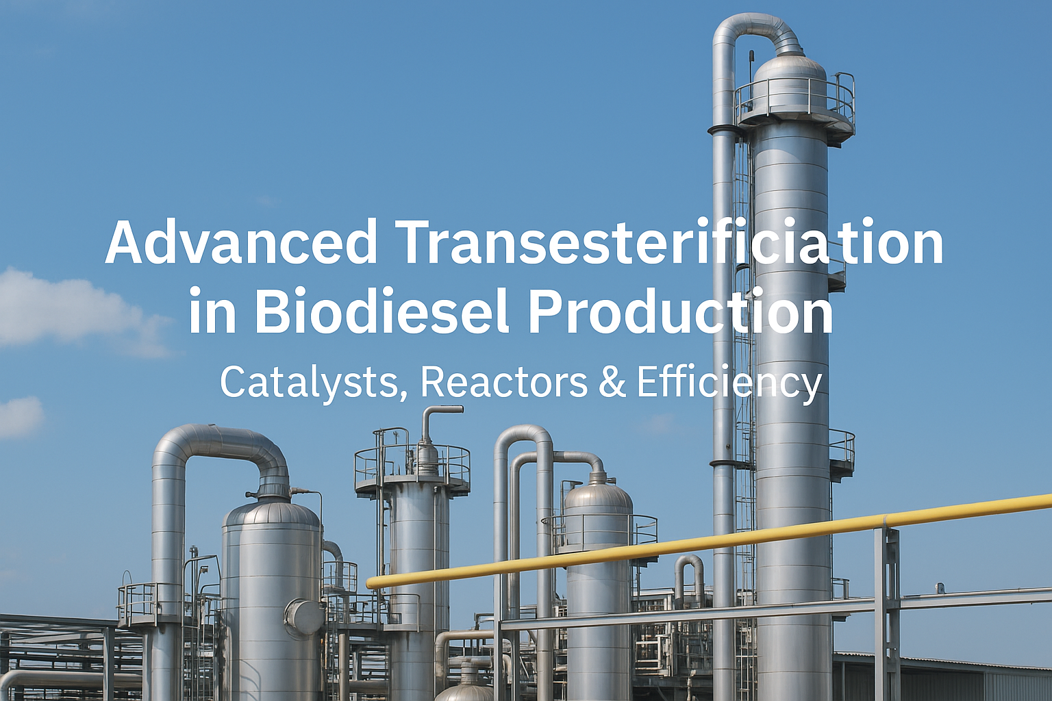 Modern biodiesel production facility during daytime showing stainless steel transesterification reactors, distillation columns, and storage tanks under sunlight.